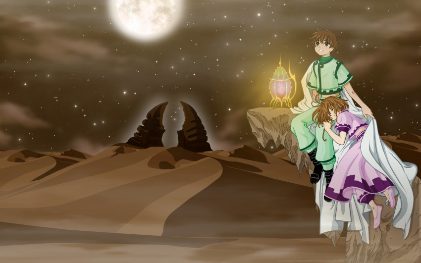 1boy, 1girl, clamp, desert, head_in_lap, moon, sakura, syaoran, tsubasa_reservoir_chronicle