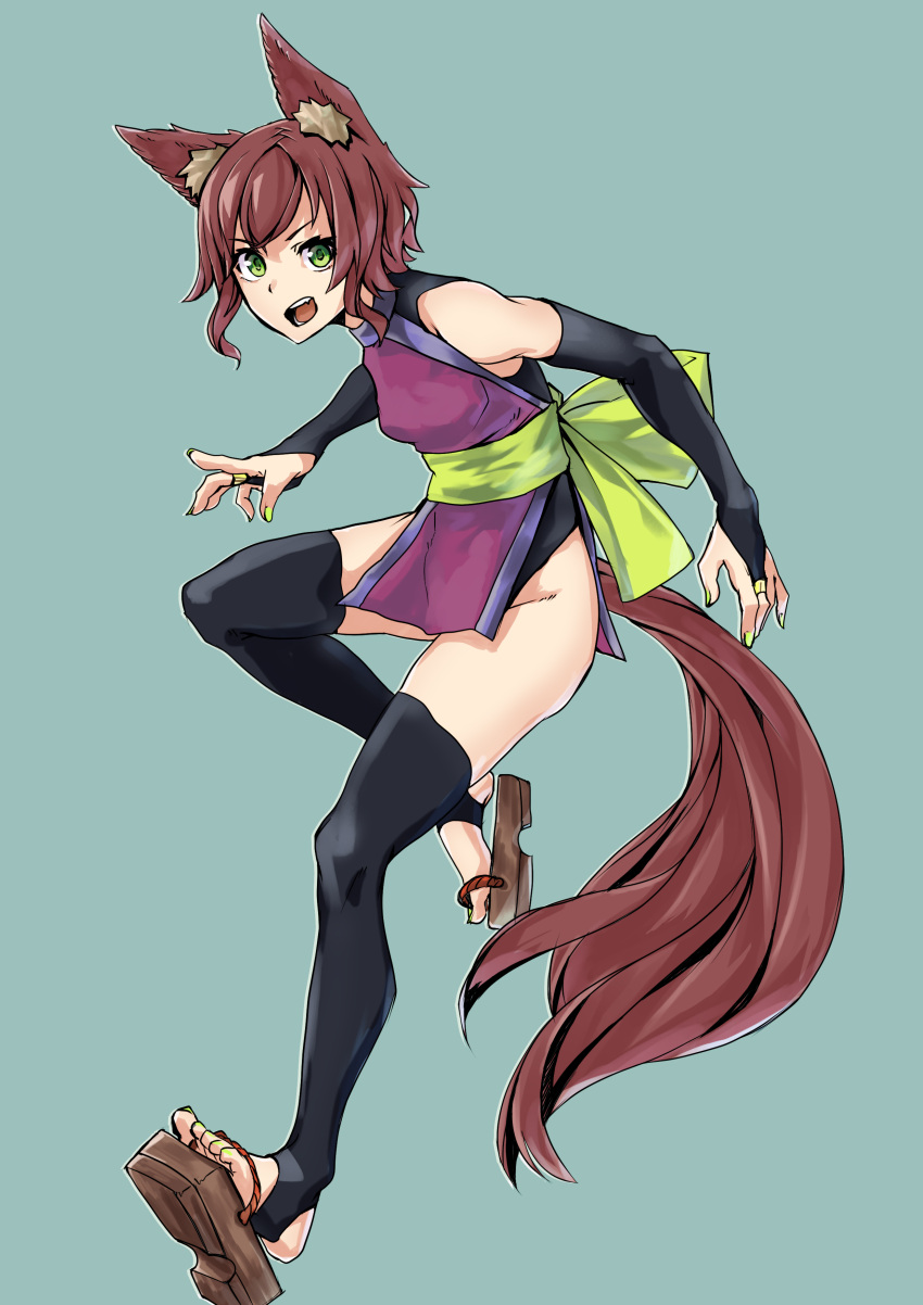 1girl, absurdres, animal_ears, elbow_gloves, fang, fingerless_gloves, gloves, green_eyes
