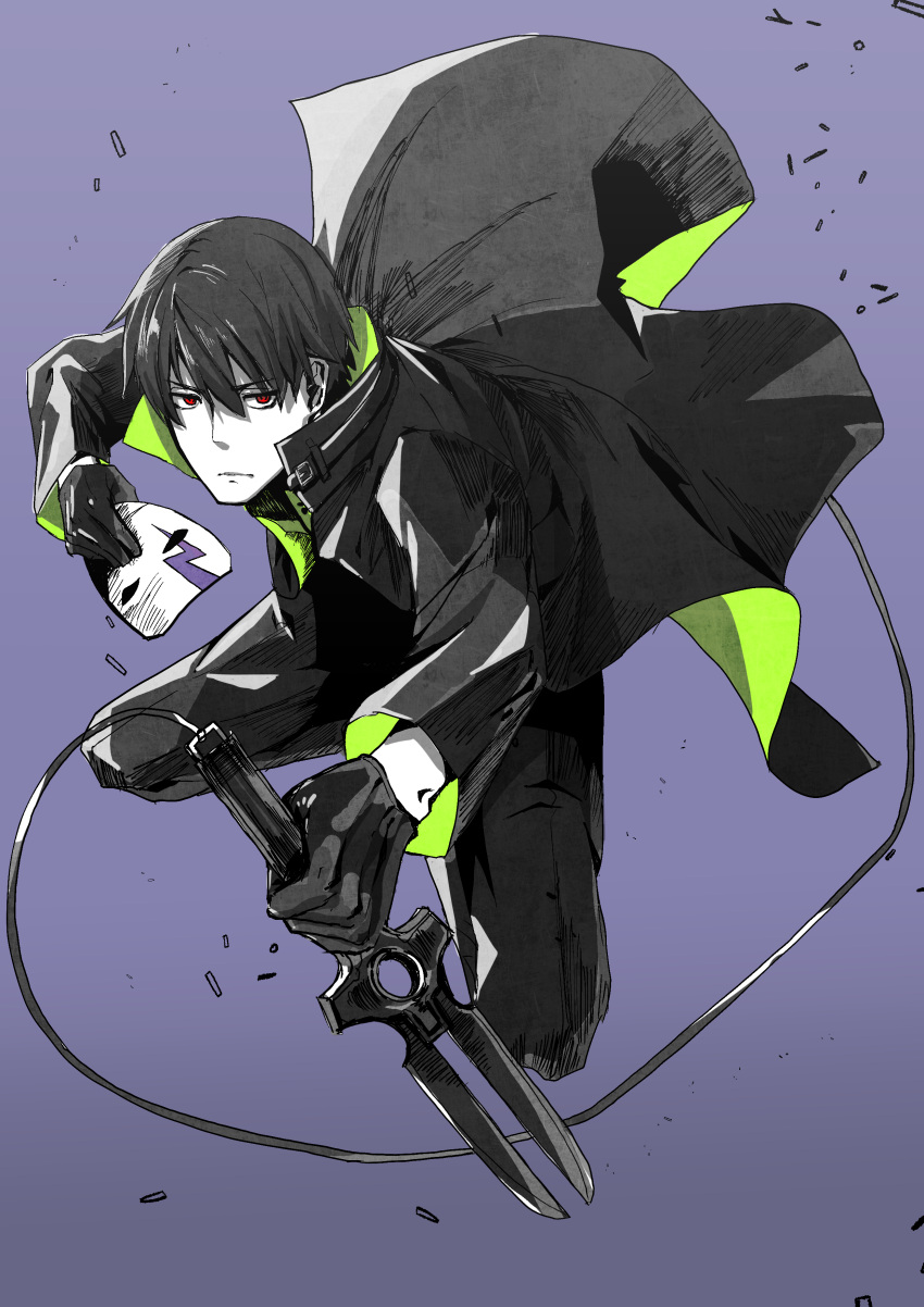 1boy, absurdres, black_hair, coat, dagger, gloves, highres, limited_palette