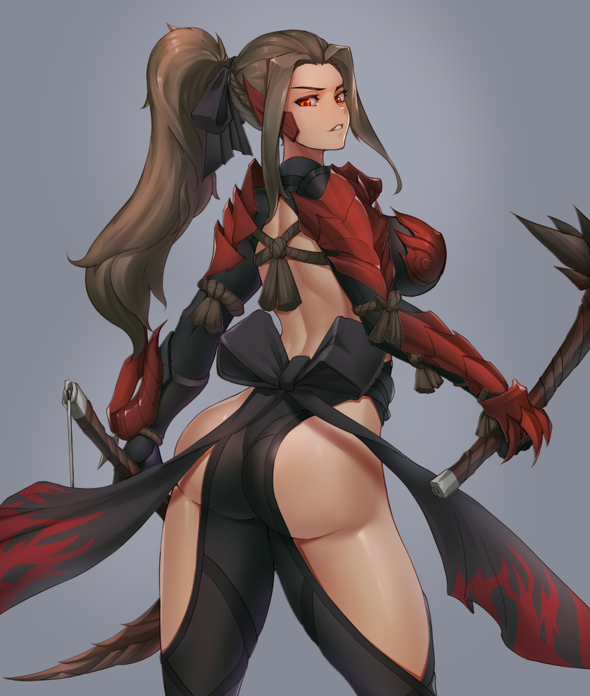 1girl, armor, ass, backless_outfit, black_bow, bow, breastplate, breasts