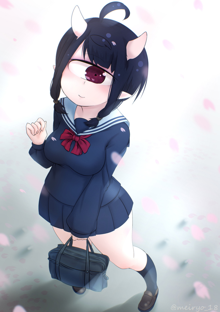 1girl, ahoge, bag, black_hair, blue_legwear, blue_skirt, breasts, brown_footwear, cyclops, eyebrows_visible_through_hair, handbag, highres, horns, kneehighs, loafers, looking_at_viewer, medium_breasts, medium_hair, meiryo18, monster_girl, one-eyed, original, petals, school_uniform, serafuku, shoes, short_twintails, skirt, smile, solo, standing, thick_eyebrows, twintails, twitter_username, uniform
