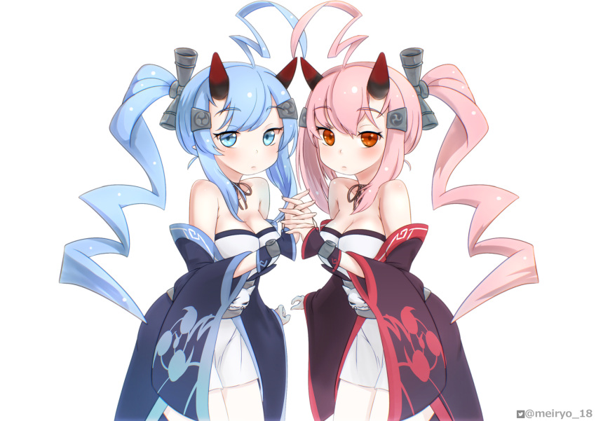 2girls, ahoge, artist_name, azur_lane, bangs, bare_shoulders, bare_shouldes, blue_eyes, blue_hair, bracelet, breasts, cleavage, closed_mouth, detached_sleeves, eyebrows_visible_through_hair, hair_ornament, highres, holding, holding_hair, horns, ikazuchi_(azur_lane), inazuma_(azur_lane), jewelry, long_hair, looking_at_viewer, medium_breasts, meiryo18, multiple_girls, oni_horns, pink_hair, pointy_ears, ponytail, red_eyes, siblings, skirt, standing, twins, twitter_logo, white_skirt