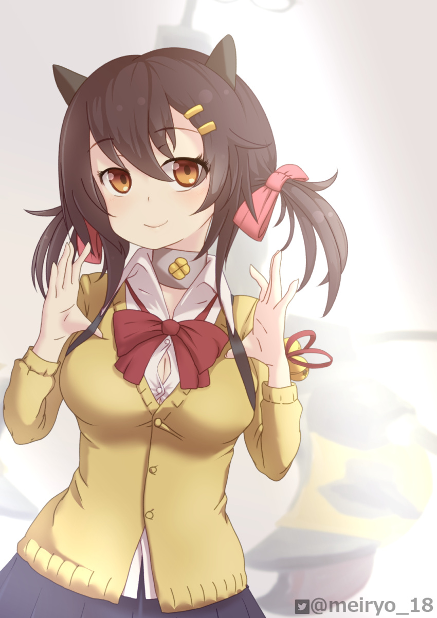 1girl, animal_ears, artist_name, azur_lane, backpack, bag, bell, black_hair