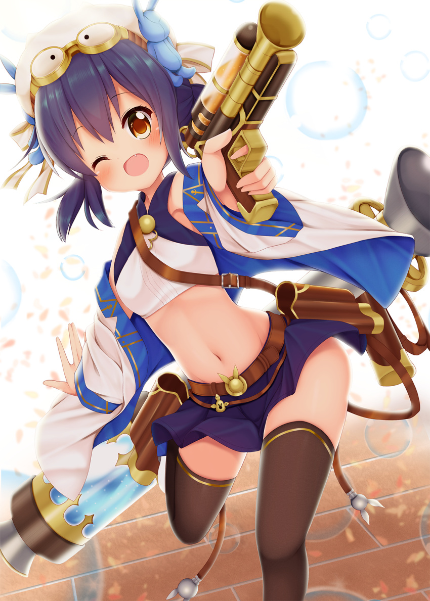 1girl, ;d, antique_firearm, belt, blue_hair, blue_skirt, blunderbuss, blush