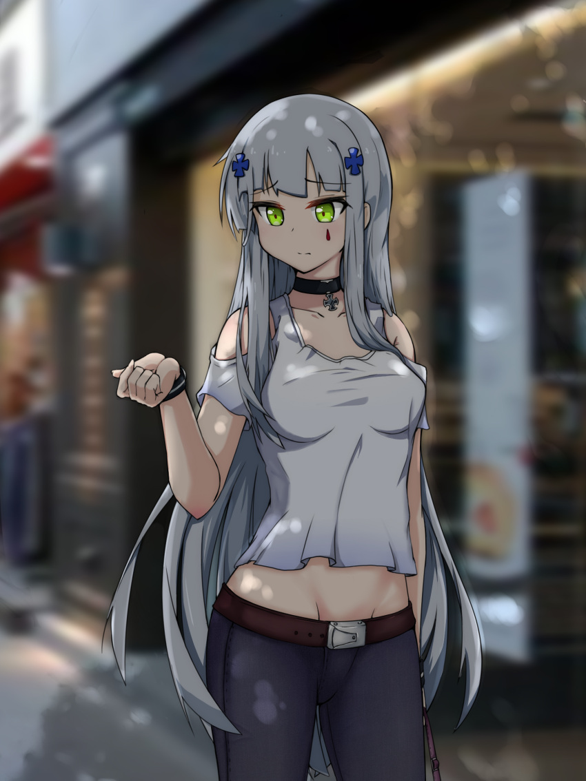 1girl, arm_at_side, bangs, belt, blunt_bangs, blush, breasts, buckle