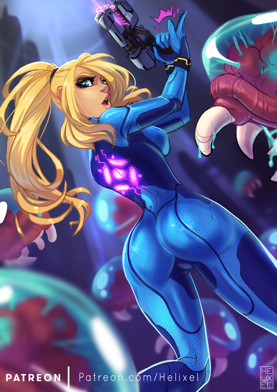 1girl, alien, ass, blonde_hair, blue_bodysuit, blue_eyes, bodysuit, breasts