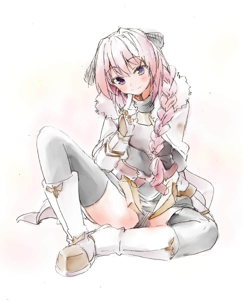 1boy, astolfo_(fate), bangs, black_bow, black_legwear, black_panties, black_shirt, black_skirt, blush, boots, bow, braid, cloak, closed_mouth, commentary_request, eyebrows_visible_through_hair, fate/apocrypha, fate_(series), faulds, finger_to_cheek, full_body, fur-trimmed_cloak, fur_collar, gauntlets, gold_trim, gorget, hair_bow, hair_intakes, hair_over_shoulder, hand_up, hatching_(texture), highres, index_finger_raised, knee_boots, knee_up, long_hair, long_sleeves, looking_at_viewer, male_focus, marukakisuto, miniskirt, multicolored_hair, pale_color, panties, pantyshot, pantyshot_(sitting), pink_hair, raised_eyebrows, shirt, simple_background, single_braid, sitting, sketch, skirt, smile, solo, spread_legs, streaked_hair, thigh-highs, trap, turtleneck, two-tone_hair, underwear, upskirt, violet_eyes, white_background, white_cloak, white_footwear, white_hair