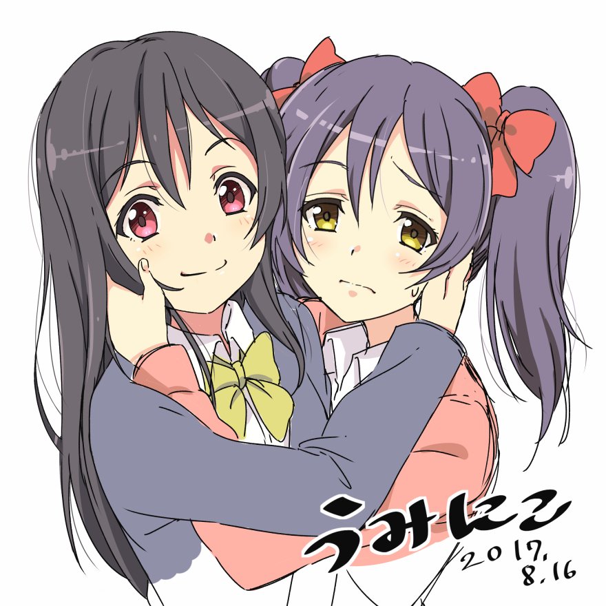 2girls, alternate_hairstyle, bangs, black_hair, blue_hair, bow, cardigan, commentary_request, cosplay, costume_switch, hair_between_eyes, hair_bow, hairstyle_switch, hand_on_another's_cheek, hand_on_another's_face, kanbe_piroshiki, long_hair, looking_at_viewer, love_live!, love_live!_school_idol_project, multiple_girls, open_mouth, otonokizaka_school_uniform, red_eyes, smile, sonoda_umi, twintails, yazawa_nico, yellow_eyes