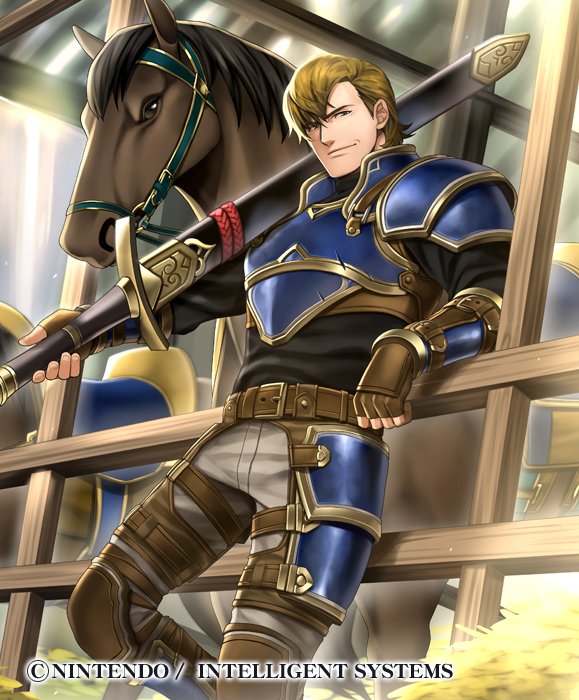 1boy, armor, beowulf_(fire_emblem), blonde_hair, company_name, fingerless_gloves, fire_emblem, fire_emblem:_seisen_no_keifu
