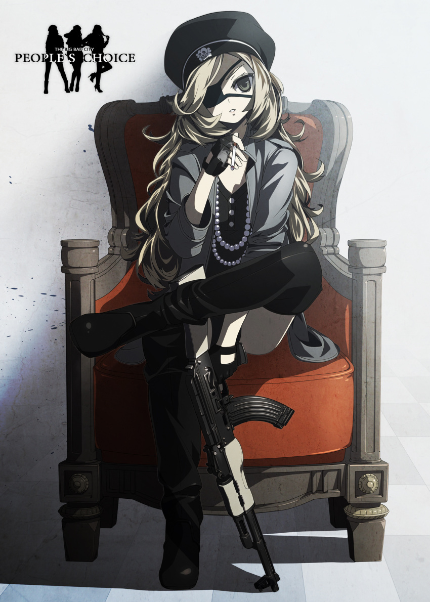 ak-47, assault_rifle, blonde_hair, boots, cigarette, crossed_legs, eyepatch, fingerless_gloves