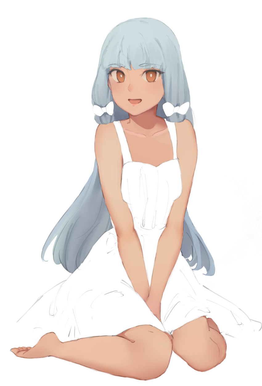 1girl, :d, absurdres, bare_shoulders, barefoot, blue_hair, brown_eyes, collarbone, dress, highres, kantai_collection, kkkhosuke, long_hair, looking_at_viewer, murakumo_(kantai_collection), open_mouth, sidelocks, sitting, sleeveless, sleeveless_dress, smile, solo, wariza, white_dress