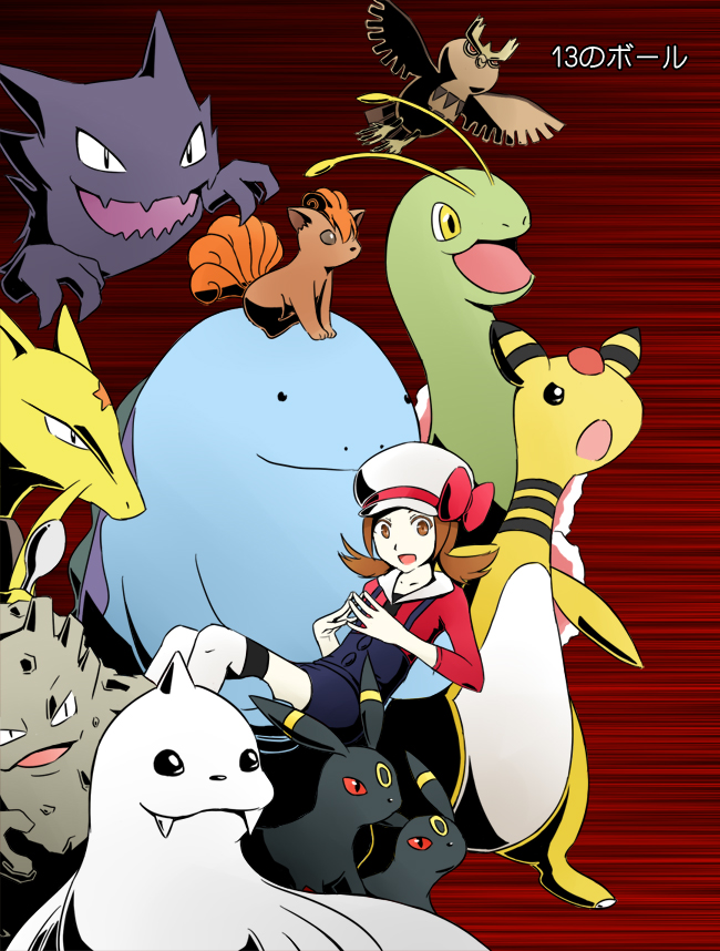 1girl, :d, ampharos, bird, black_eyes, brown_eyes, carrying, commentary, commentary_request, creature, dewgong, facial_mark, fangs, fingers_together, floating, flying, gen_1_pokemon, gen_2_pokemon, ghost, graveler, hat, hat_ribbon, haunter, holding, holding_spoon, horn, kadabra, kotone_(pokemon), long_hair, long_sleeves, looking_at_viewer, looking_away, open_mouth, orange_eyes, overalls, owl, pokemon, pokemon_(creature), pokemon_(game), pokemon_hgss, pokemon_trainer, princess_carry, quagsire, red_eyes, red_ribbon, ribbon, rophy, seal, smile, star, translation_request, twintails, umbreon, vulpix, yellow_eyes