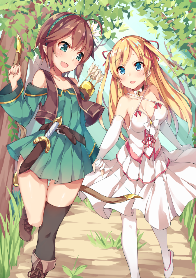 2girls, :d, ahoge, asymmetrical_legwear, bangs, bare_shoulders, black_choker, black_legwear