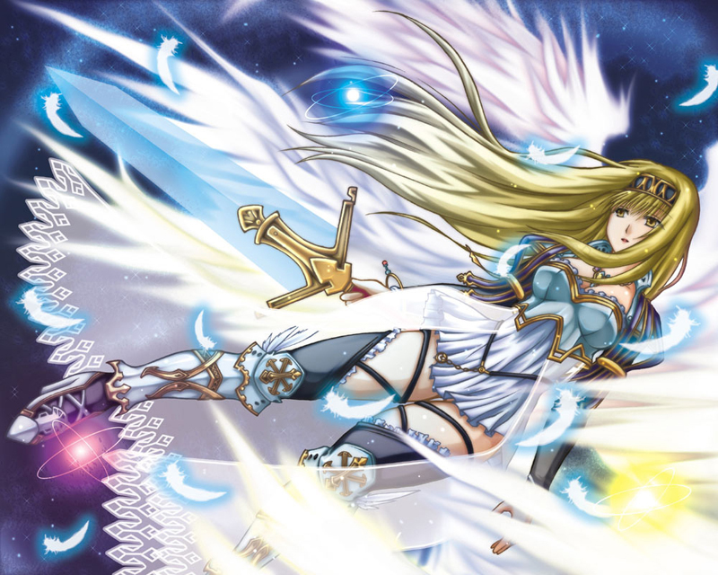 1girl, armor, armored_dress, blonde_hair, breasts, cleavage, commentary_request, huge_weapon, long_hair, medium_breasts, ranshisuwi, silmeria_valkyrie, solo, thighs, valkyrie, valkyrie_profile, valkyrie_profile_2, weapon