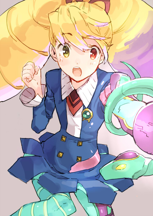 1girl, badge, blonde_hair, blue_legwear, capcom, clenched_hand, eyebrows_visible_through_hair, green_eyes