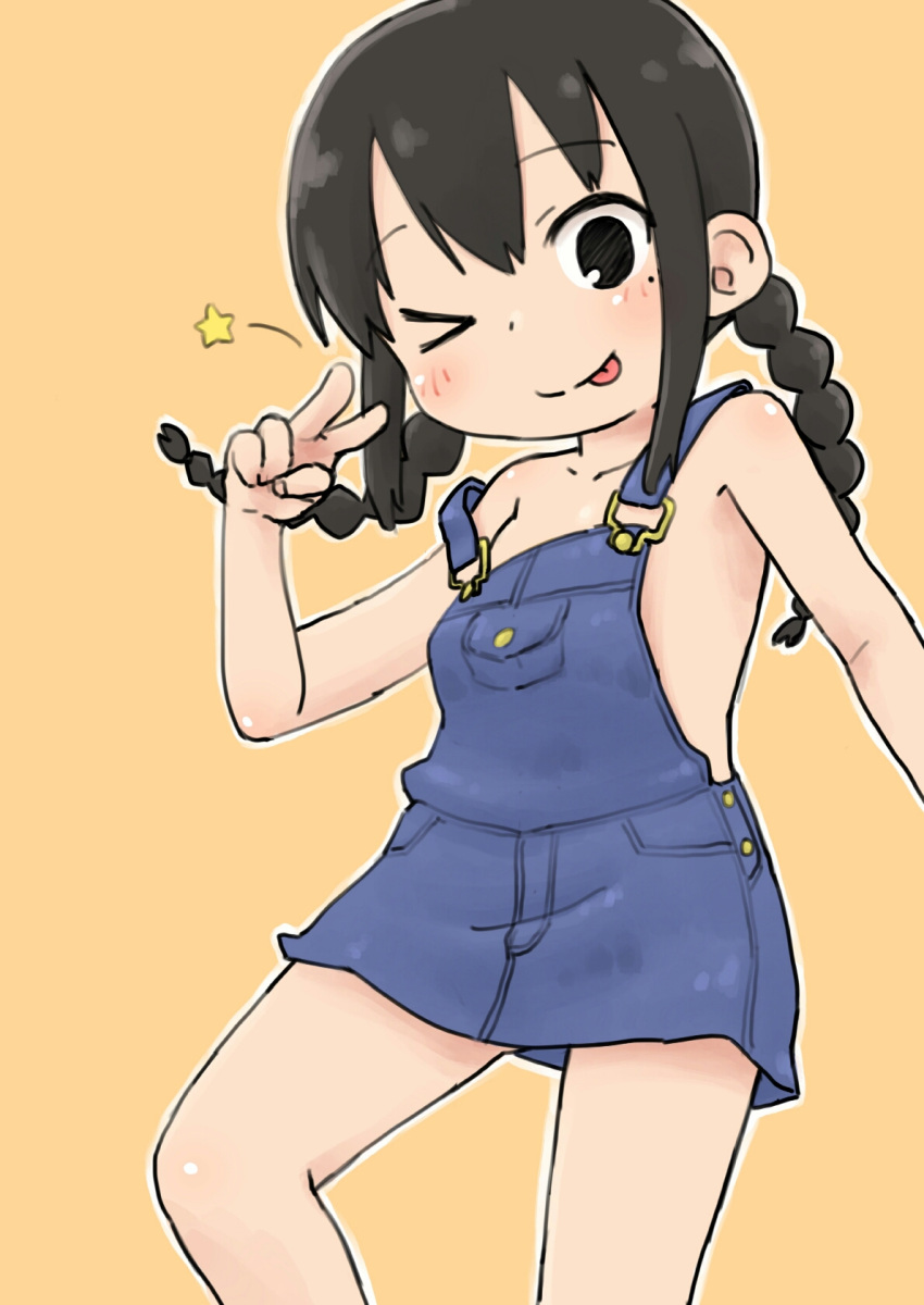 1girl, :p, arm_up, black_eyes, braid, denim_dress, dress, highres