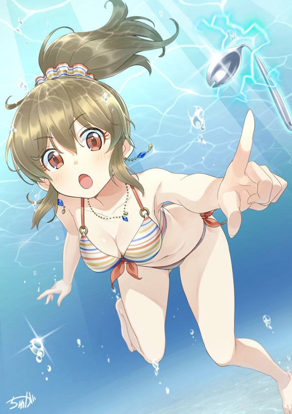 1girl, barefoot, bent_spoon, bikini, breasts, brown_eyes, brown_hair, cleavage