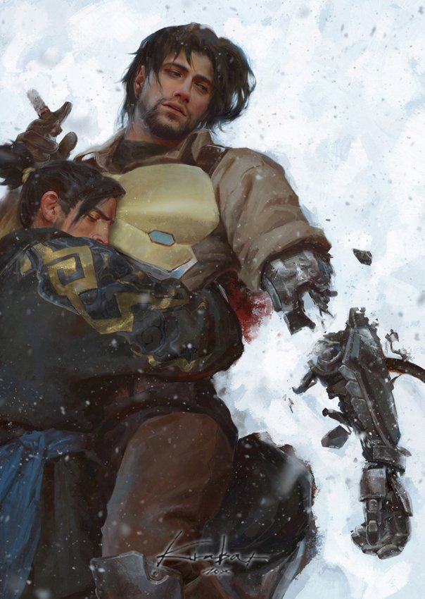2boys, artist_name, beard, black_hair, blood, breastplate, broken, brown_hair
