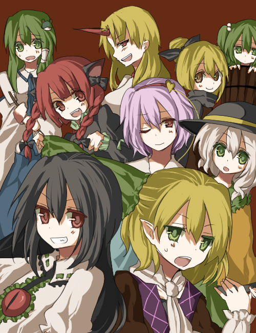 bucket, everyone, horn, hoshiguma_yugi, hoshiguma_yuugi, in_bucket, in_container, kaenbyou_rin