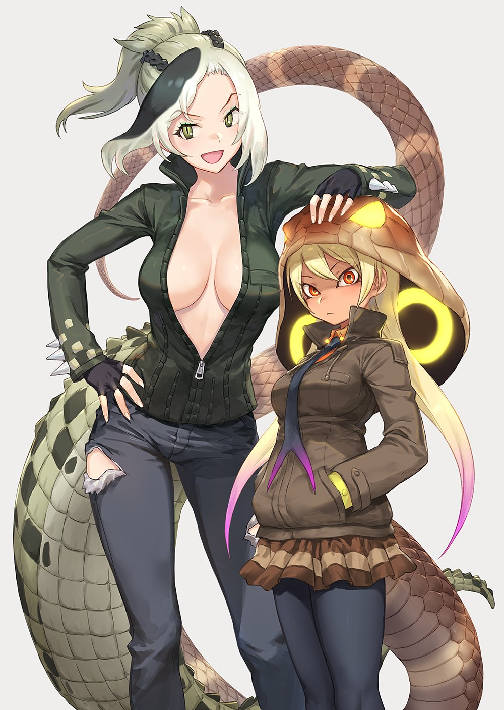 2girls, :d, arms_behind_back, black_gloves, black_legwear, blonde_hair, braid, breasts