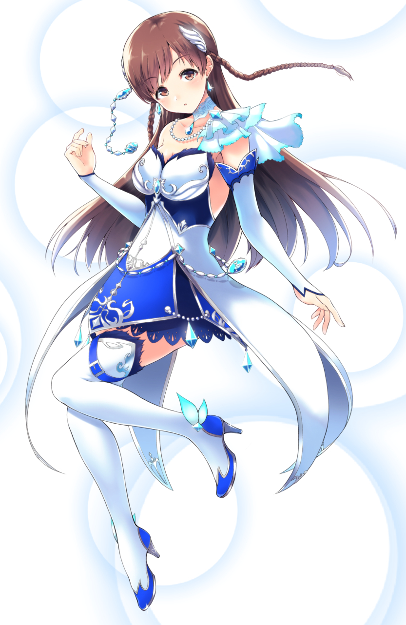 1girl, braid, breasts, brown_eyes, brown_hair, cleavage, detached_sleeves, different