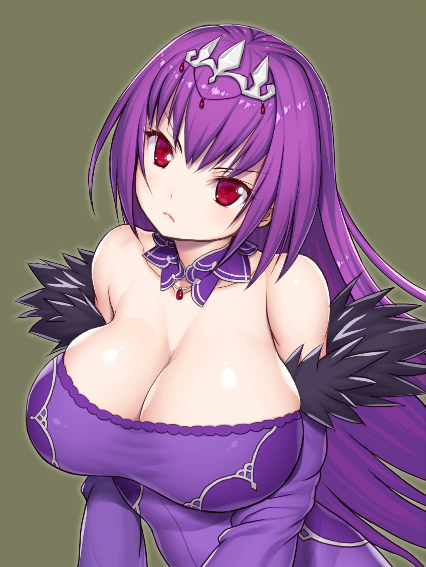 1girl, asamura_hiori, bangs, bare_shoulders, breasts, caster_(lostbelt), cleavage, closed_mouth