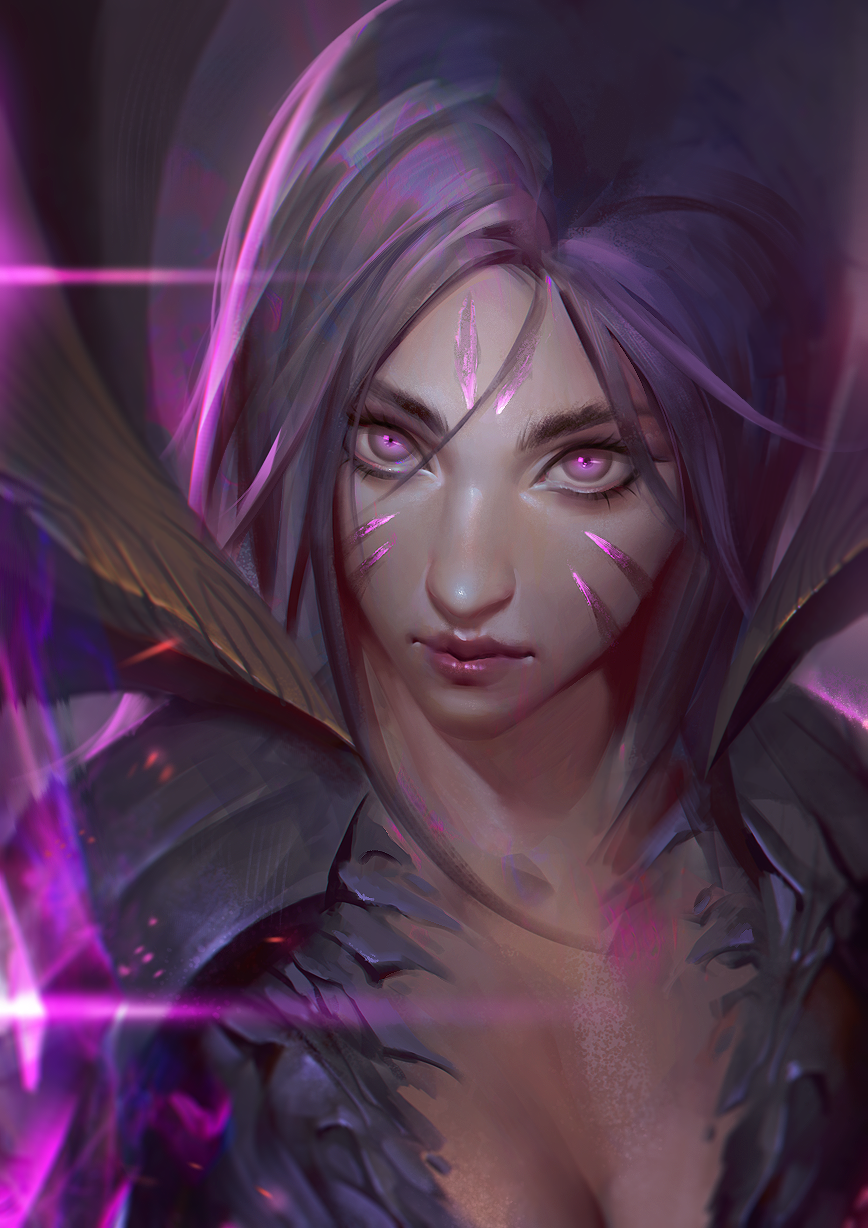 1girl, arieaesu, bangs, bodysuit, breasts, cleavage, eyebrows, eyelashes, face, facial_mark, highres, kai'sa, league_of_legends, leaning_forward, lips, long_hair, parted_bangs, portrait, purple_hair, purple_lips, upper_body, violet_eyes