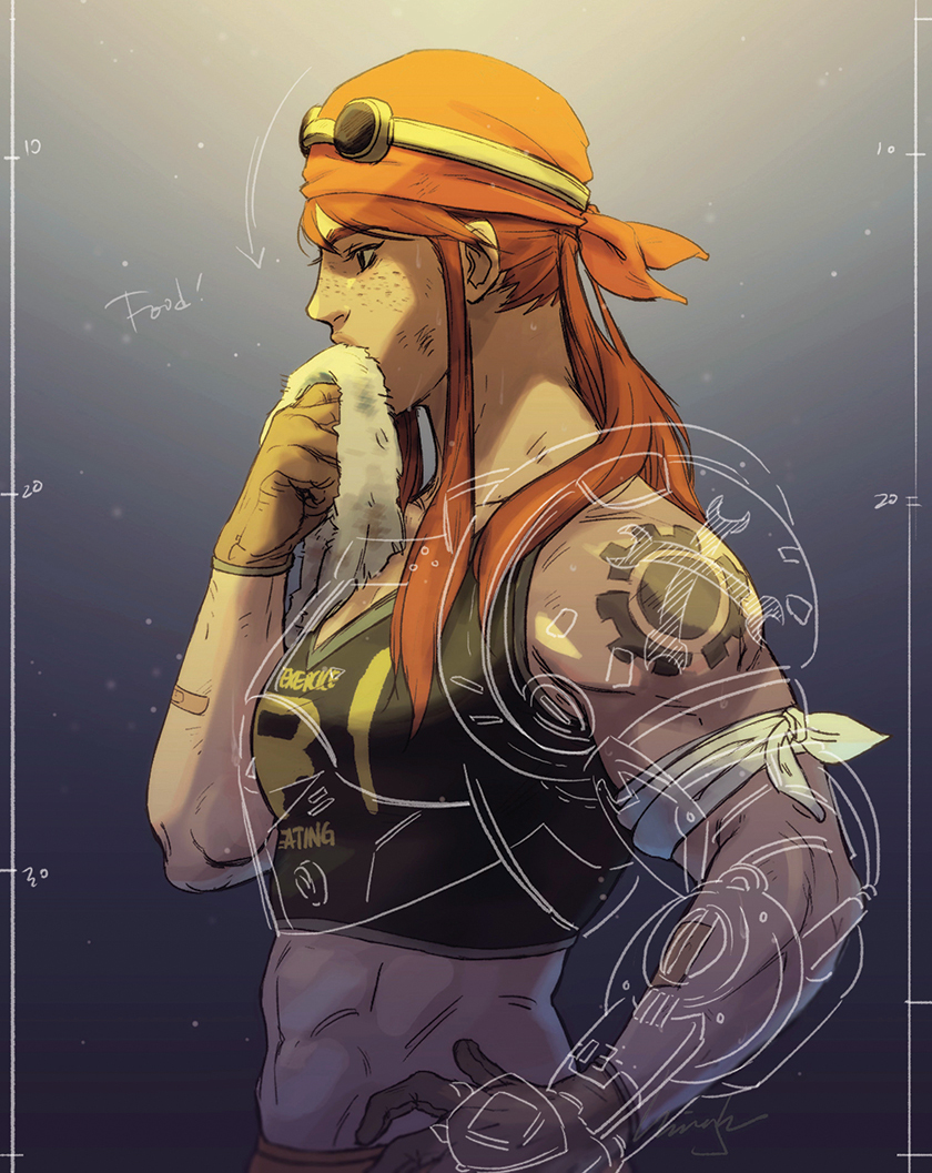 1girl, abs, armband, bandanna, blueprint, breasts, brigitte_(overwatch), brown_eyes, brown_gloves, brown_hair, clothes_writing, commentary, crop_top, dirty_face, fingerless_gloves, freckles, from_side, gloves, goggles, goggles_on_head, hand_on_hip, long_hair, low_ponytail, medium_breasts, midriff, minghii, muscle, muscular_female, overwatch, shoulder_tattoo, solo, tattoo, towel