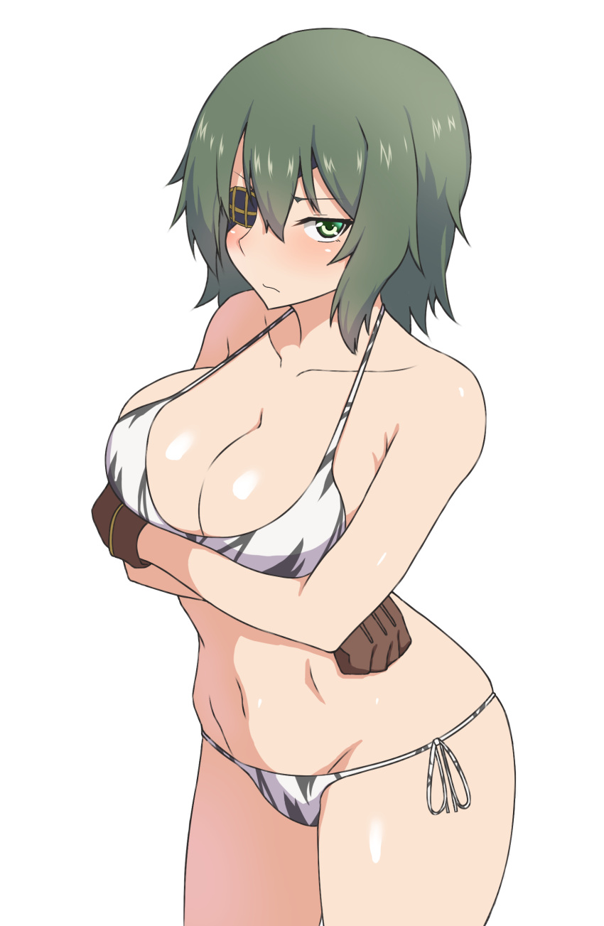 1girl, absurdres, bare_arms, bare_shoulders, bikini, blush, breast_hold, breasts, brown_gloves, cleavage, closed_mouth, collarbone, cowboy_shot, crossed_arms, eyebrows_visible_through_hair, eyepatch, gloves, green_eyes, green_hair, groin, hair_between_eyes, highres, kantai_collection, kiso_(kantai_collection), large_breasts, looking_at_viewer, navel, nikonikosiro, no_hat, no_headwear, one_eye_covered, print_bikini, ribbon, shiny, shiny_skin, shoes, short_hair, side-tie_bikini, simple_background, solo, standing, stomach, swimsuit, thighs, tsurime, v-shaped_eyebrows, white_background, white_bikini, white_ribbon