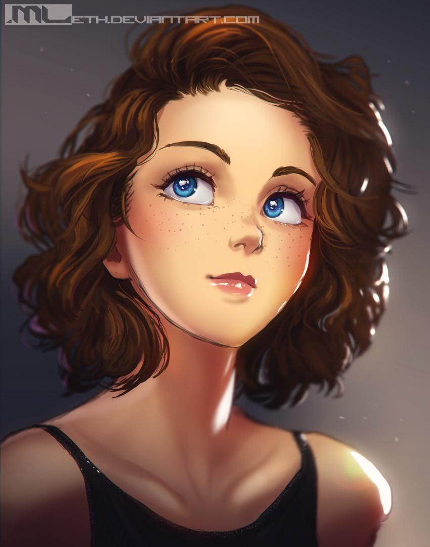 1girl, alternate_hair_length, alternate_hairstyle, blue_eyes, brooke_(mathias_leth), brown_hair, camisole, collarbone
