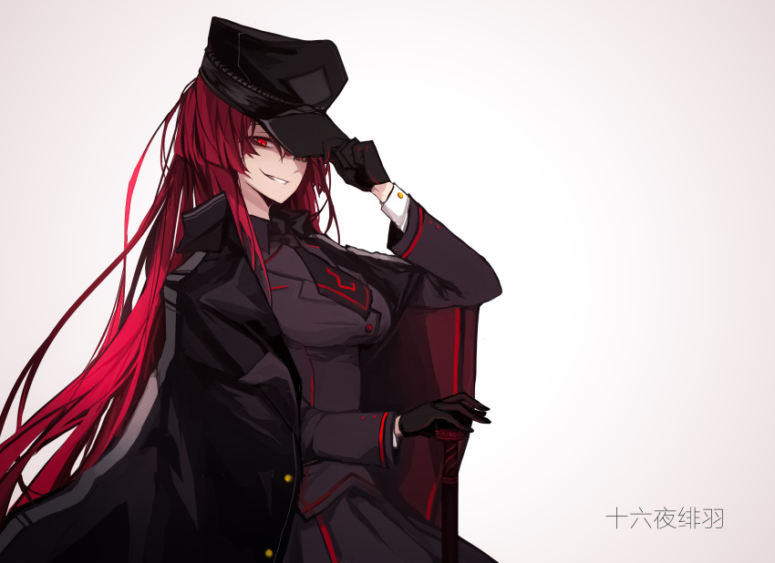 1girl, absurdres, adjusting_clothes, adjusting_hat, alternate_costume, artist_name, black_coat, black_gloves