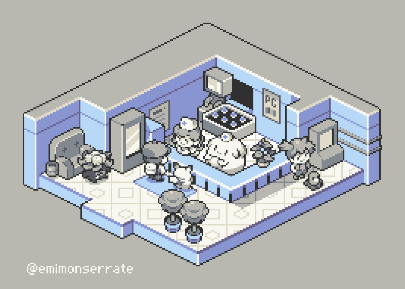 1boy, 2girls, animated, animated_gif, blue, chansey, commentary, computer, creature, diglett, excarabu, gen_1_pokemon, grey_background, hat, joy_(pokemon), monochrome, multiple_girls, nurse, nurse_cap, pikachu, plant, poke_ball, poke_ball_(generic), pokemon, pokemon_(creature), pokemon_(game), pokemon_center, pokemon_rgby, potted_plant, red_(pokemon), signature, simple_background, tumblr_username