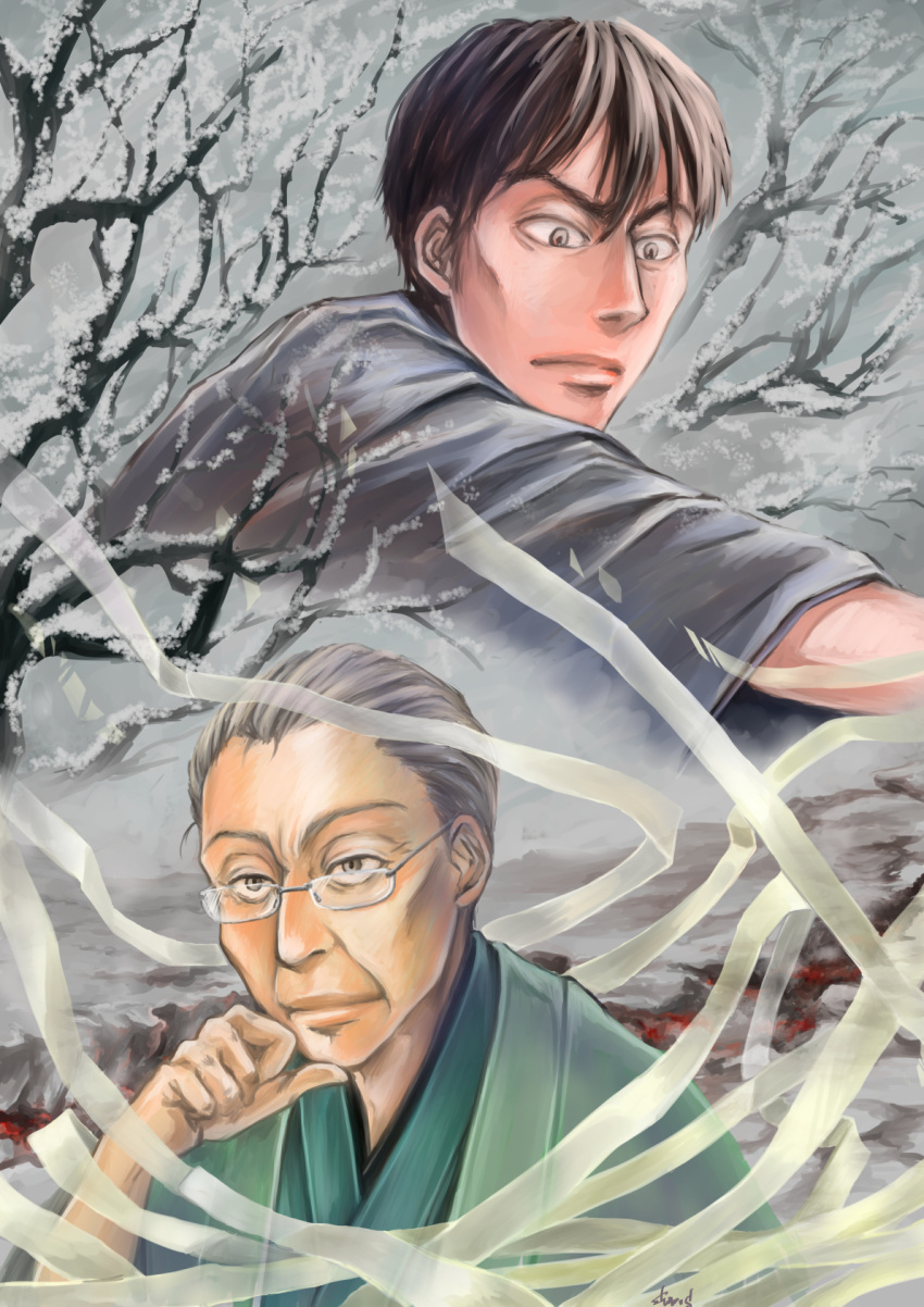 2boys, artist_name, branch, brown_eyes, brown_hair, grey_eyes, grey_hair, highres