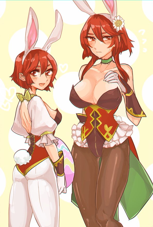 2girls, animal_ears, ass, blush, breasts, bunny_girl, bunny_tail, bunnysuit