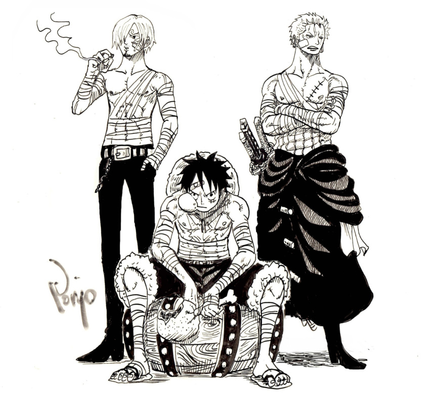 3boys, abs, arm_rest, artist_name, bandage, bandaged_arm, bandaged_leg, bandaid, bandaid_on_face, bandaid_on_forehead, barefoot_sandals, barrel, belt, belt_buckle, boned_meat, buckle, chest, cigarette, closed_mouth, collarbone, crossed_arms, eating, food, full_body, fur_trim, greyscale, hair_over_one_eye, hand_in_pocket, hand_up, highres, holding, holding_cigarette, holding_food, looking_at_viewer, looking_to_the_side, male_focus, meat, monkey_d_luffy, monochrome, multiple_boys, muscle, nipples, nishiponi, one_piece, open_mouth, pants, parted_lips, roronoa_zoro, sandals, sanji, scar, short_hair, shorts, sitting, smoke, smoking, standing, stitches, stomach, toes, topless, traditional_media, v-shaped_eyebrows