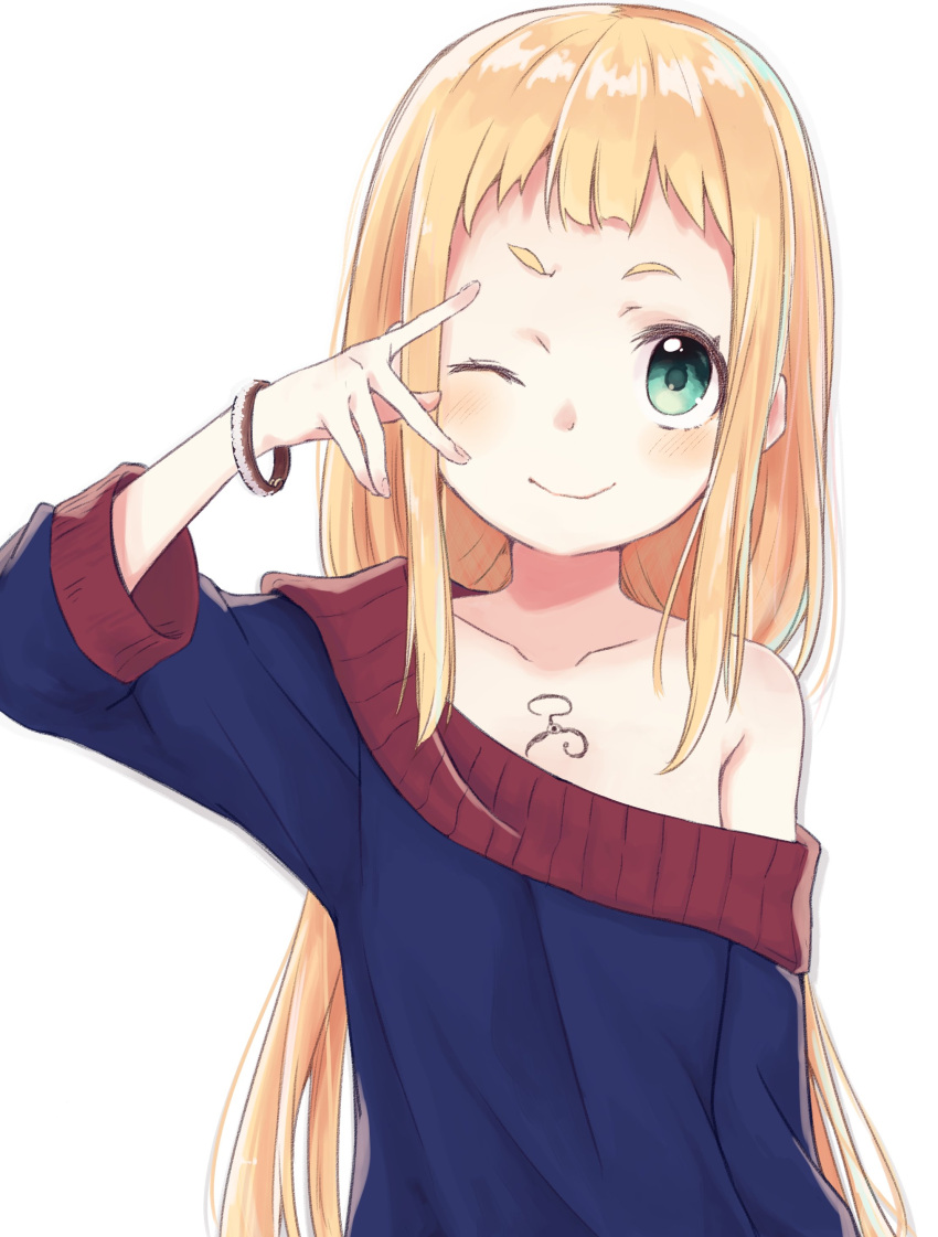 1girl, ;), absurdres, aqua_eyes, blonde_hair, blush, bracelet, chest_tattoo