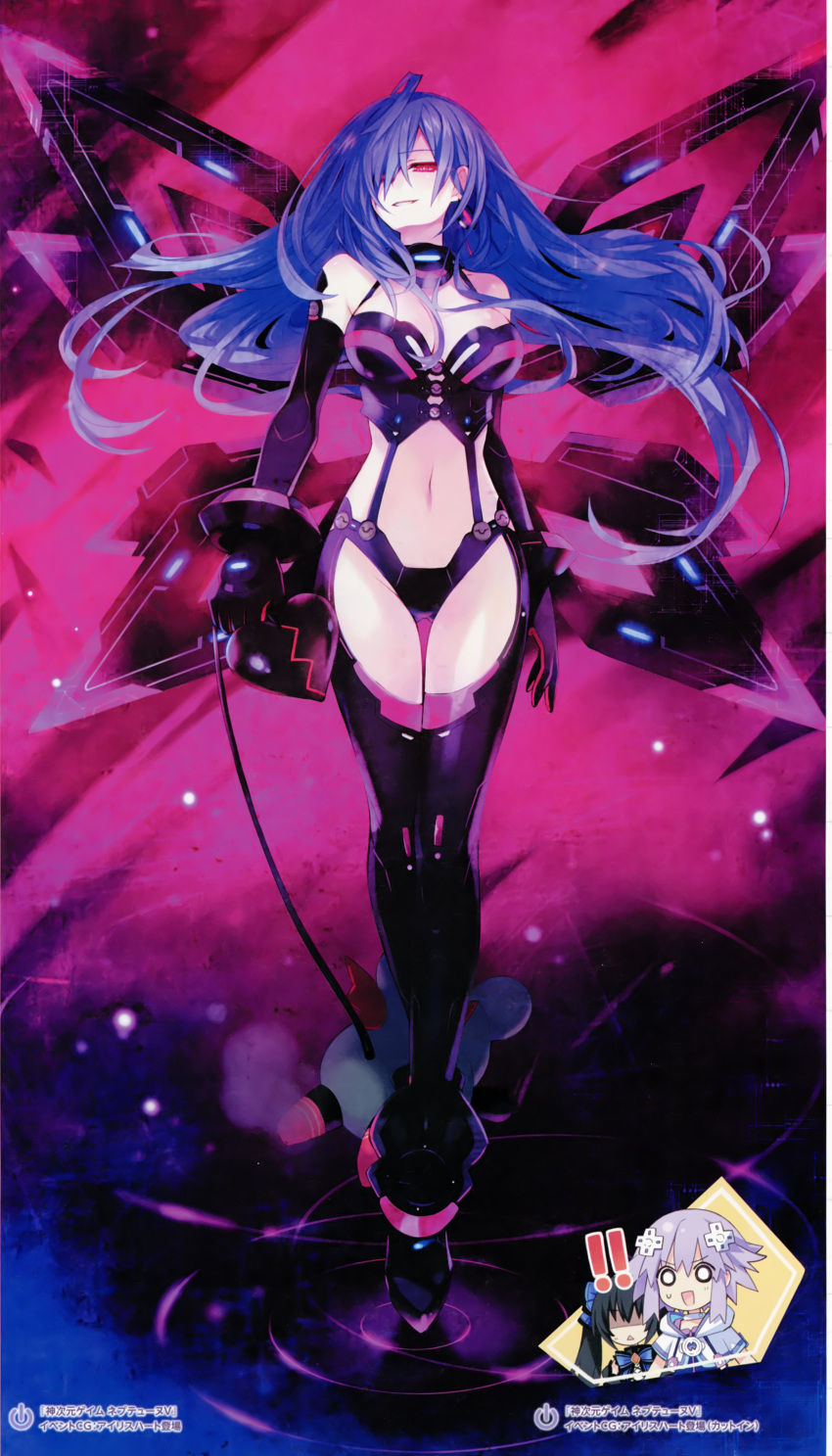 1girl, absurdres, bare_shoulders, black_gloves, boots, breasts, dominatrix, earrings, elbow_gloves, game_cg, gloves, hair_over_one_eye, heart, highres, holding, iris_heart, jewelry, kami_jigen_game_neptune_v, large_breasts, light_trail, logo, long_hair, looking_at_viewer, midriff, navel, neptune_(series), official_art, purple_hair, red_eyes, ripples, smirk, standing, thigh-highs, thigh_boots, thigh_gap, tsunako, very_long_hair, warechu, wings