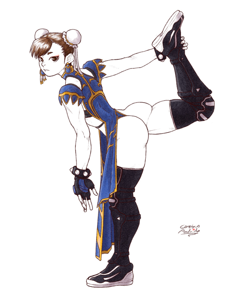 1girl, alternate_costume, ass, boots, bracelet, brown_hair, bun_cover, cerebro_podrido, chinese_clothes, chun-li, double_bun, earrings, fingerless_gloves, flexible, gloves, highres, jewelry, leg_lift, limited_palette, looking_at_viewer, simple_background, solo, spiked_bracelet, spikes, strap, street_fighter, stretch, thigh-highs, thigh_boots, wedgie