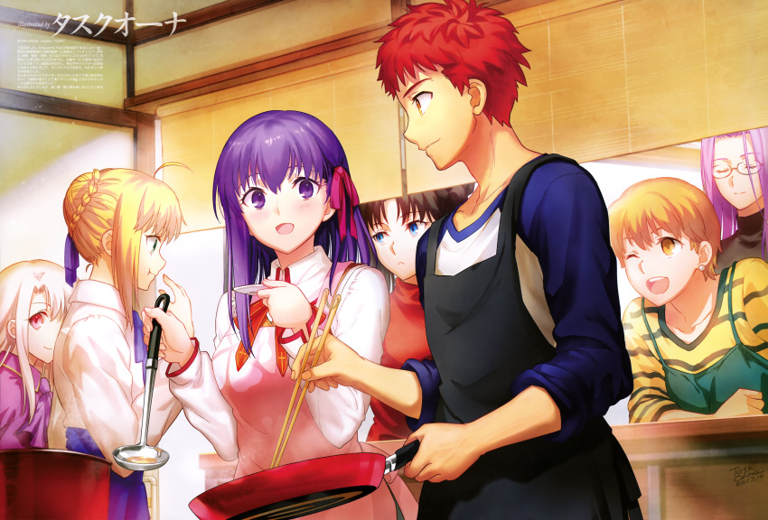1boy, 6+girls, absurdres, apron, artist_name, artoria_pendragon_(all), asymmetrical_hair, black-framed_eyewear, black_apron, black_hair, black_shirt, blonde_hair, blue_eyes, blue_neckwear, blue_ribbon, blue_skirt, blush, braid, brown_eyes, brown_vest, chopsticks, closed_eyes, cooking, cravat, dated, earrings, eating, emiya-san_chi_no_kyou_no_gohan, emiya_shirou, fate_(series), floral_print, french_braid, fujimura_taiga, glasses, green_apron, green_eyes, grey_earrings, hair_ribbon, highres, homurahara_academy_uniform, illyasviel_von_einzbern, jewelry, light_brown_hair, looking_at_another, matou_sakura, medusa_(fate), medusa_(fate)_(all), multiple_girls, neck_ribbon, official_art, open_mouth, orange_hair, pink_apron, pink_ribbon, platinum_blonde, print_apron, print_neckwear, print_ribbon, purple_hair, purple_neckwear, purple_shirt, raglan_sleeves, red_eyes, red_neckwear, red_ribbon, red_shirt, ribbon, rider, saber, scan, school_uniform, shirt, short_hair, signature, skirt, smile, striped, striped_shirt, taskohna, tohsaka_rin, translation_request, turtleneck, vest, violet_eyes, white_shirt, yellow_eyes