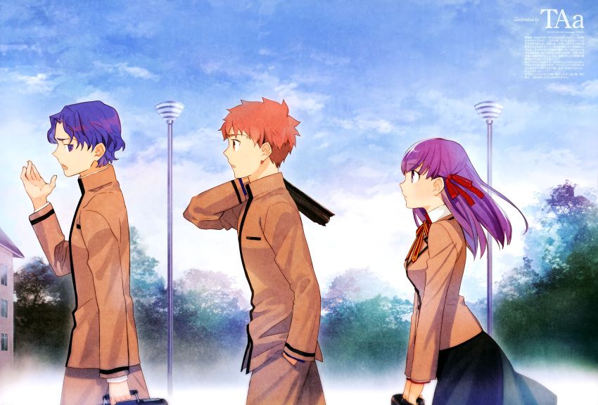 1girl, 2boys, absurdres, black_bag, black_skirt, blue_eyes, blue_hair, blush