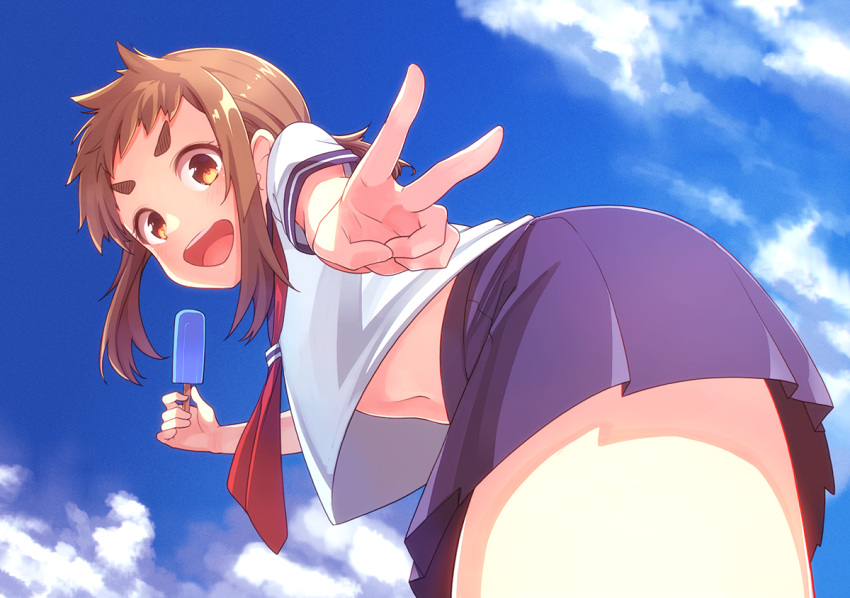 1girl, bangs, blue_skirt, brown_eyes, brown_hair, crop_top, crop_top_overhang, day