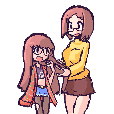 4chan, belt, brown_hair, cap-tan, captain, dual_persona, glasses, long_hair, lowres, midriff, multiple_girls, oekaki, pantyhose, simple_background, skirt, time_paradox, torn_clothes, torn_pantyhose, white_background