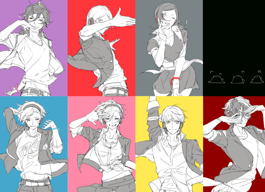 2girls, 5boys, a_(xxxnulll), amamiya_ren, amano_maya, arm_up, bracelet, crossover, female_protagonist_(persona_3), glasses, headphones, jewelry, multicolored, multicolored_background, multiple_boys, multiple_girls, narukami_yuu, persona, persona_1, persona_2, persona_3, persona_3:_dancing_moon_night, persona_4, persona_4:_dancing_all_night, persona_5, persona_5:_dancing_star_night, persona_dancing, smile, suou_tatsuya, toudou_naoya, yuuki_makoto