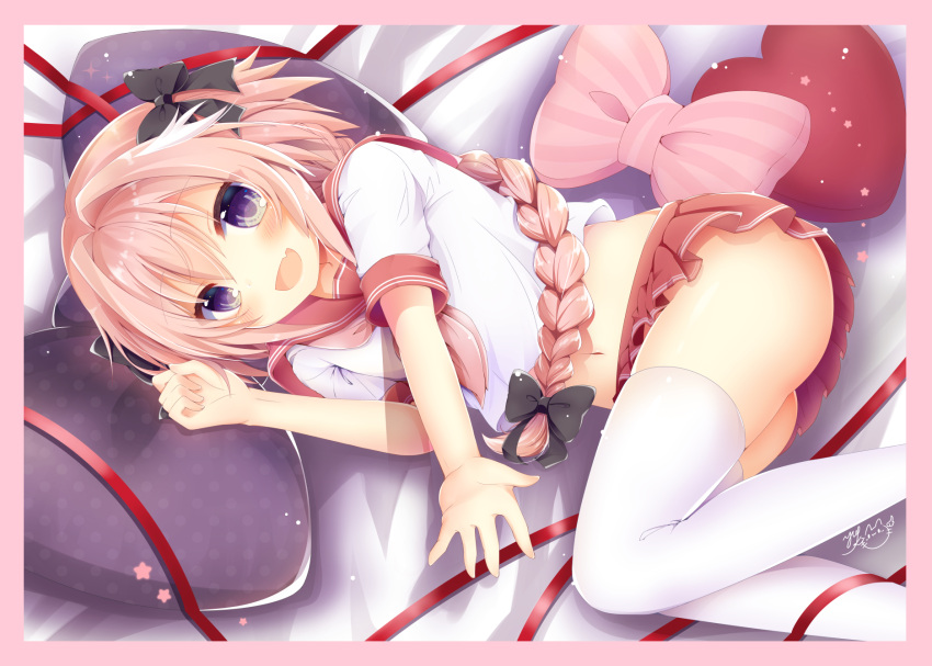 1boy, :d, ass, astolfo_(fate), bangs, bed_sheet, black_bow, blush