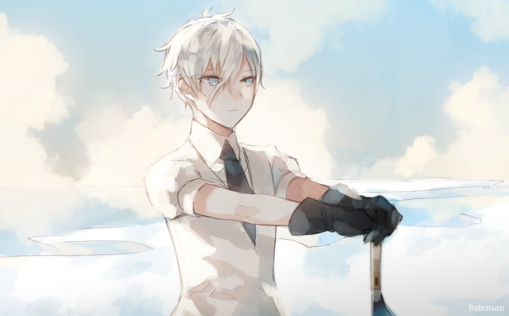androgynous, antarcticite, artist_name, batensan, black_gloves, black_neckwear, blue_eyes, clouds