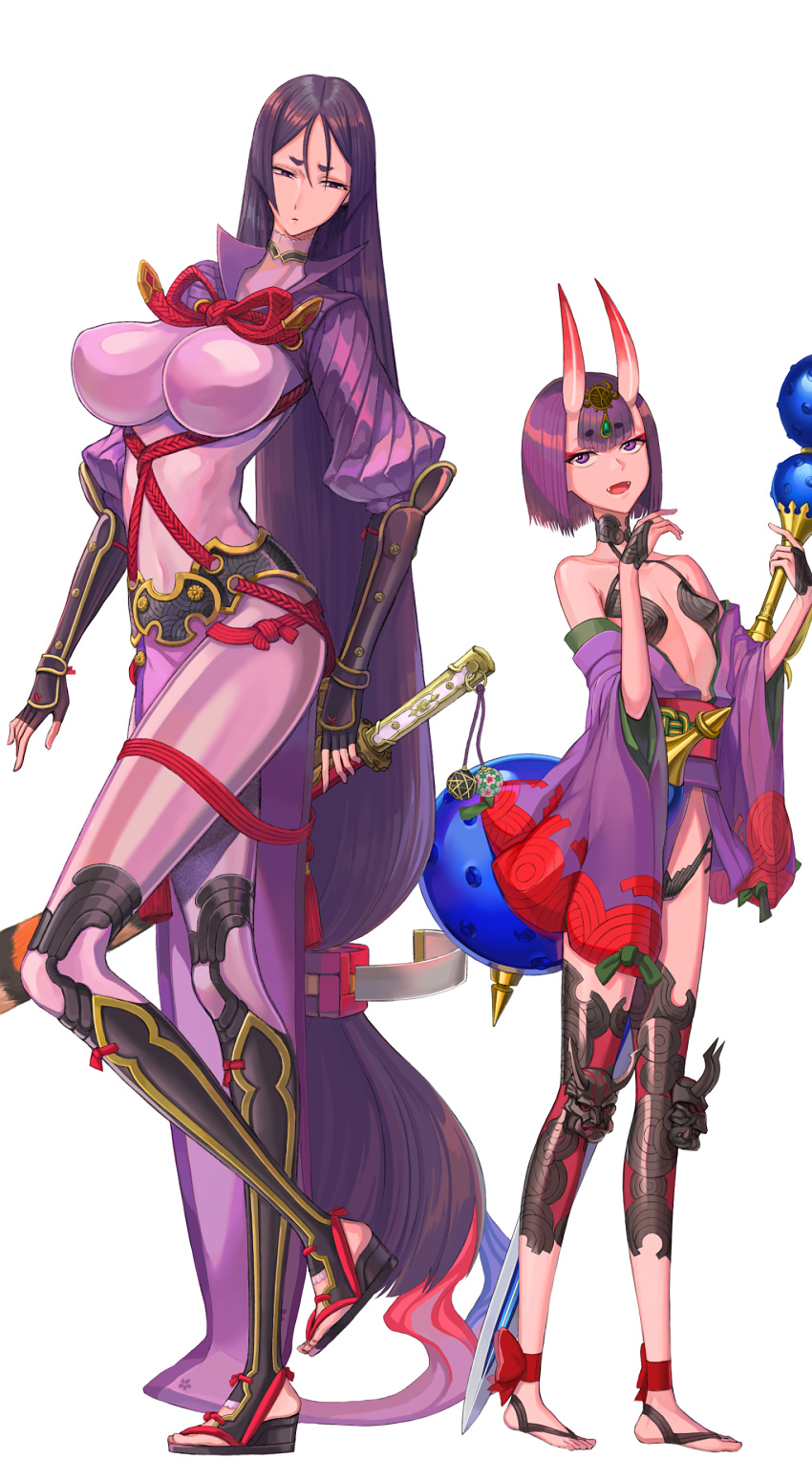2girls, absurdres, bodysuit, breasts, closed_mouth, fangs, fate/grand_order, fate_(series)