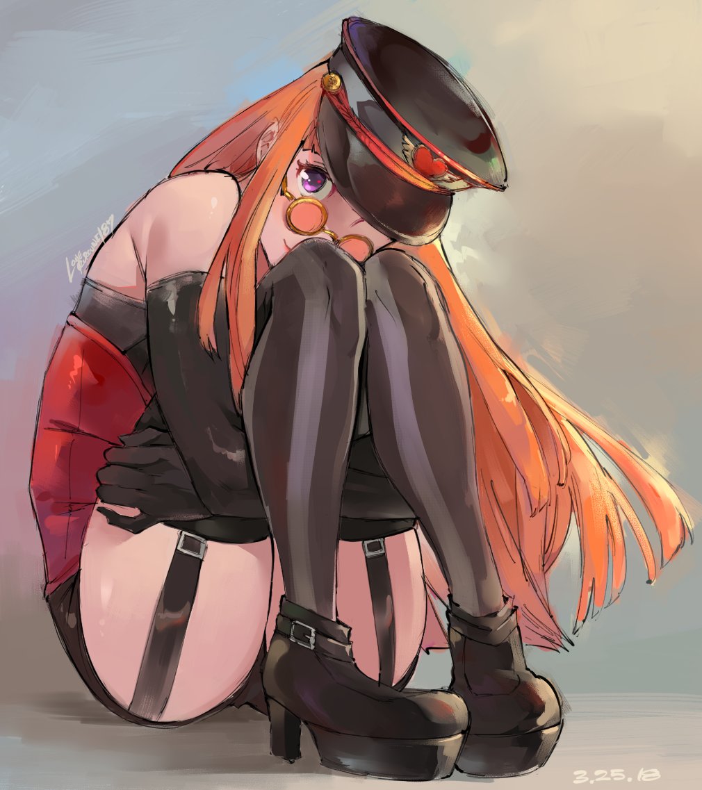 1girl, alternate_costume, artist_name, bare_shoulders, black_footwear, black_gloves, black_hat, black_legwear, black_shorts, boots, buckle, commentary, dated, elbow_gloves, full_body, garter_straps, glasses, gloves, hat, high_heel_boots, high_heels, kenshin187, knees_up, leaning_forward, leg_hug, legs_together, long_hair, looking_at_viewer, orange-tinted_glasses, orange_hair, peaked_cap, persona, persona_5, persona_5:_dancing_star_night, persona_dancing, pigeon-toed, round_eyewear, sakura_futaba, short_shorts, shorts, sitting, sleeveless, smile, solo, thigh-highs, thighs, violet_eyes
