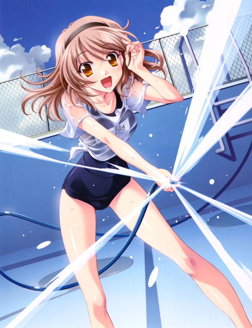 adjusting_hair, bottomless, brown_hair, empty_pool, highres, hose, koshimizu_takayuki, leaning_forward
