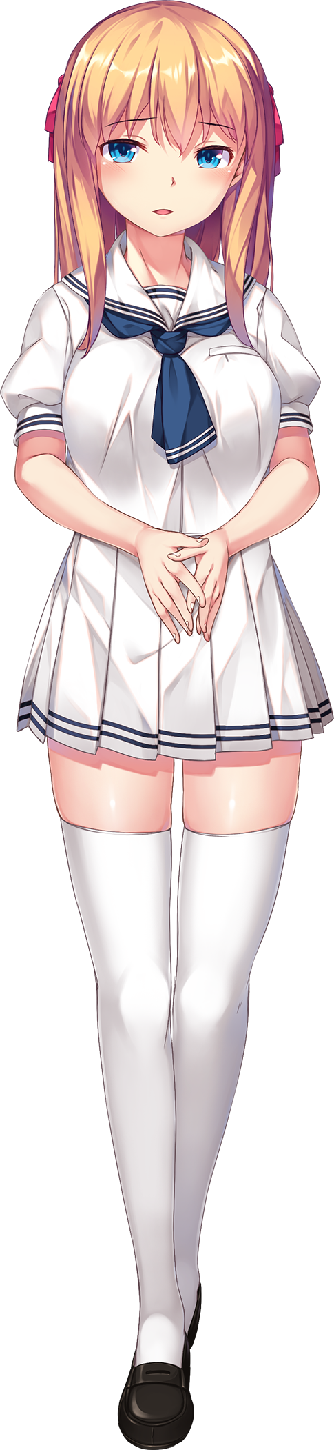 1girl, blonde_hair, blue_eyes, blush, eyebrows_visible_through_hair, full_body, hair_ribbon, hands_together, highres, hinasaki_you, hitotsu_yane_no_tsubasa_no_shita_de, loafers, long_hair, long_image, neckerchief, official_art, open_mouth, pleated_skirt, ribbon, sasaki_kazusa, school_uniform, serafuku, shoes, short_sleeves, skirt, solo, standing, tall_image, thigh-highs, transparent_background, white_legwear