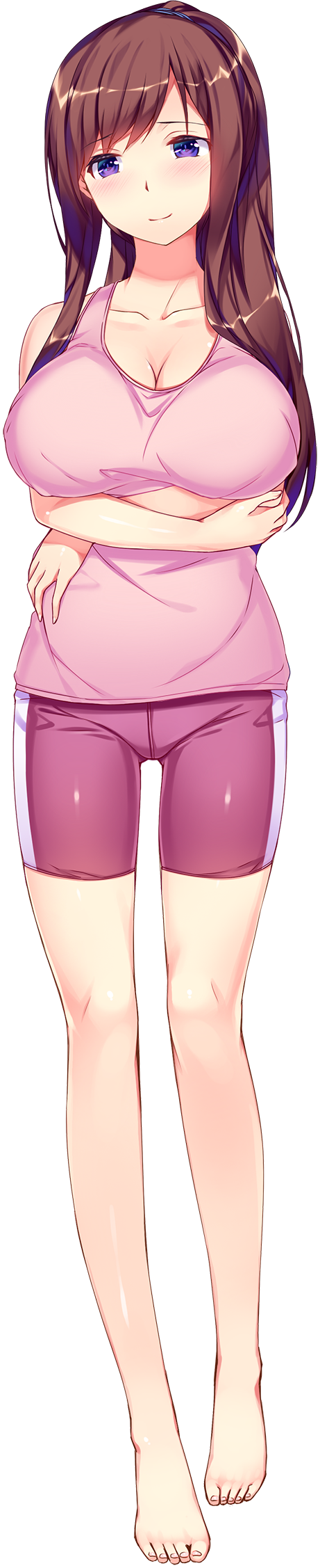1girl, barefoot, bike_shorts, breasts, brown_hair, cleavage, crossed_arms, full_body